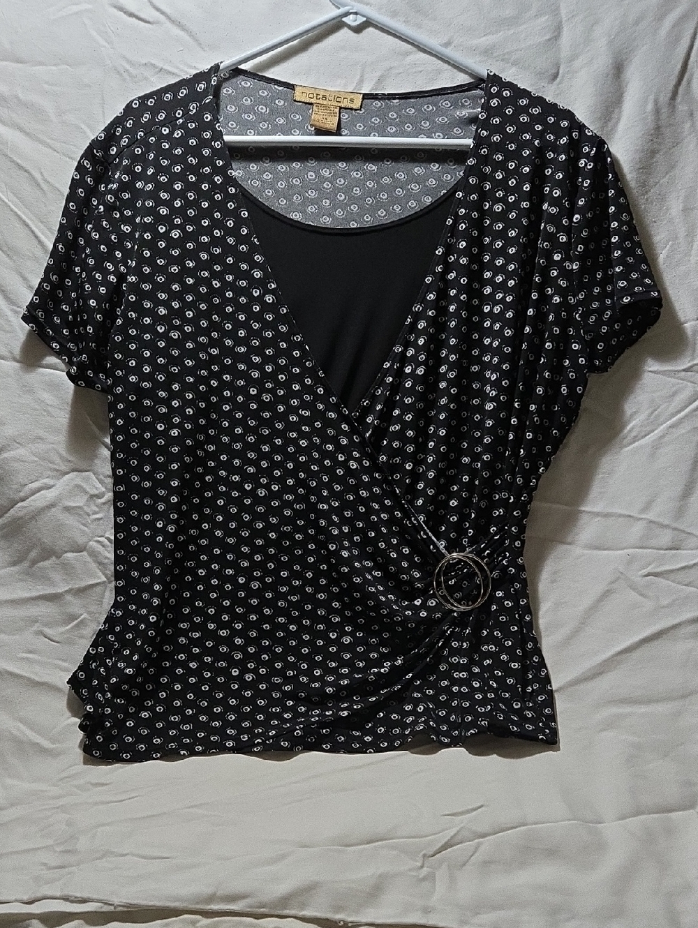 Notations Black Printed Faux-Wrap Top with Ring Accent